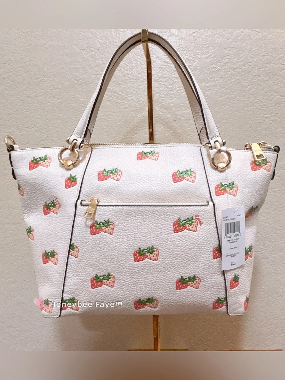 Coach Kacey satchel Strawberry Print Leather Tote with Gold Hardware cb597